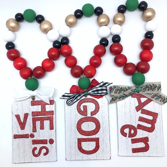 Christmas Door Plaque Sayings in Red Glitter With Wood Bead Hangers, Tier Decor - Picture 5 of 7